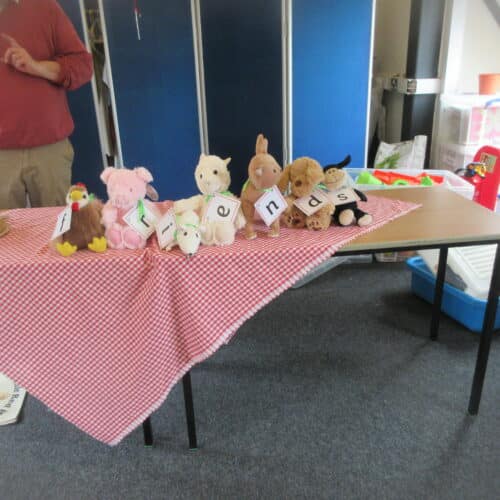 table of stuffed animals